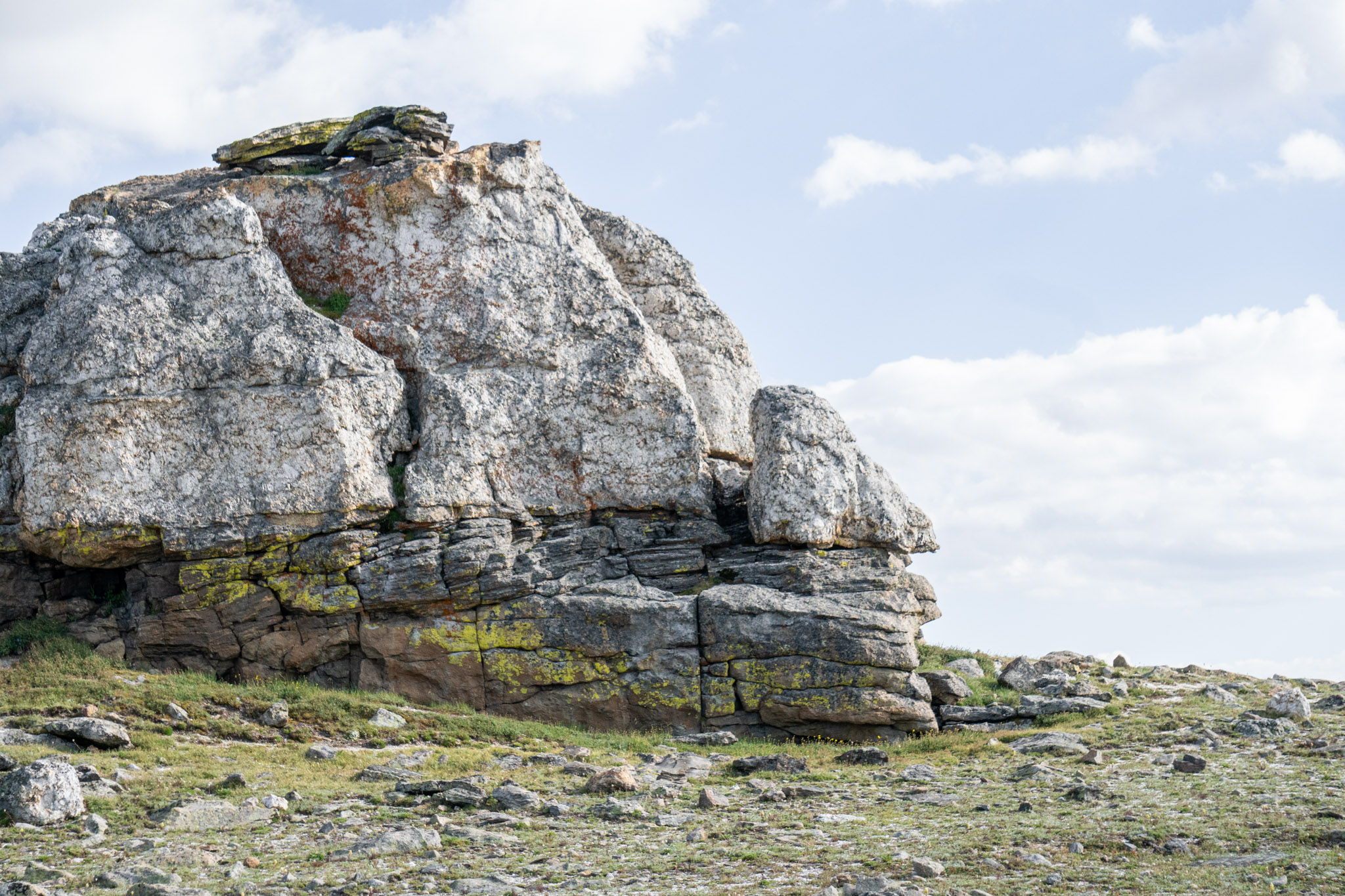 A big rock with green and red lichens